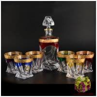 Набор для виски штоф и 6 бокалов Квадро Колор. Богемское стекло. Золочение. Чехия