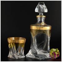 Набор для виски штоф и 6 бокалов Квадро Луче. Богемское стекло. Золочение. Чехия