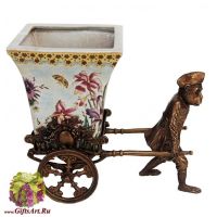 Ваза Рикша Обезьянка в антикварном стиле. Фарфор и бронза. Коллекция Полдень Длина 34 см. Ручная работа.