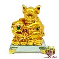 Свинка на монетах символ года 2019 с жезлом Жуи. Золочение. Высота 13 см