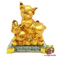 Свинка на монетах символ года 2019 с тыквой Ву Лу для здоровья. Золочение. Высота 16 см