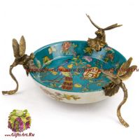 Блюдо под мелочь стрекозы. Фарфор и бронза. Декор Павлин в цветущем саду. Ручная работа. 23 см