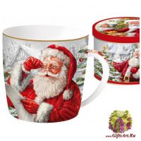 Кружка фарфоровая большая Дед Мороз со списком подарков. 350 мл Подарочная жестяная упаковка
