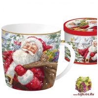 Кружка фарфоровая большая Дед Мороз с мешком подарков. 350 мл Подарочная жестяная упаковка