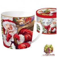 Кружка фарфоровая большая Дед Мороз с подарками Тише дети!. 350 мл Подарочная жестяная упаковка