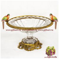 Ваза фруктовница в антикварном стиле Пара птиц. Стекло и бронза. Ручная работа. 42 см