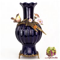 Ваза Птичка в цветах. Декор Магия ночи. Фарфор и бронза. Ручная работа. 38 см
