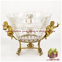 Ваза конфетница в антикварном стиле Дети с птичками. Стекло и бронза. Ручная работа. 31 см