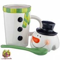 Кружка Весёлый снеговик с ложкой 800 мл. Керамика. - вид 1 миниатюра