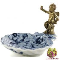 Блюдо для мелочи. Фарфор и бронза. Коллекция Райский блюз. Ручная работа. Длина 13 см