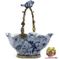 Ваза конфетница пара птичек. Фарфор и бронза. Коллекция Райский блюз. Ручная работа. 24 см