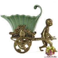 Ваза Рикша Обезьянка. Фарфор и бронза. Коллекция Мята Длина 25 см. Ручная работа.