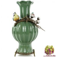Ваза Птичка в цветах. Коллекция Мята. Фарфор и бронза. Ручная работа. 38 см