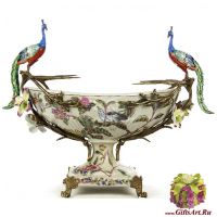 Ваза фруктовница Пара павлинов. Фарфор и бронза. Декор Парк Раджа. Ручная работа. 45 см
