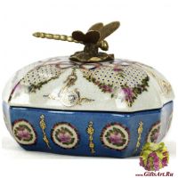 Шкатулка Стрекоза. Фарфор и бронза. Декор Азе-лё-Ридо. Ручная работа. Длина 13 см