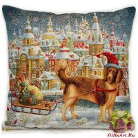 Наволочка гобеленовая новогодняя. Пёс - дед мороз с подарками. Размер 50х50 см.