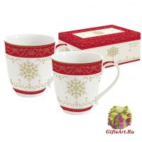 Набор 2 кружки фарфоровых больших Золотая снежинка 300 мл Подарочная упаковка
