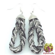 CN61-O Бисерные серьги 9 нитей, заплетенные косичкой. Цвет  черно-серебристый