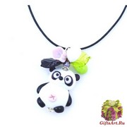 LV26 Подвеска Панда с цветами и листиками 5,5 см муранское стекло