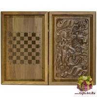 Резные объемные нарды+шашки дорожного размера из массива мореного дуба &quot;Дракон&quot;