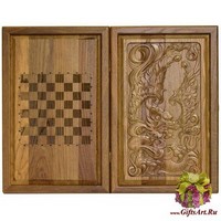 Резные объемные нарды+шашки дорожного размера из массива мореного дуба &quot;Дракон&quot;
