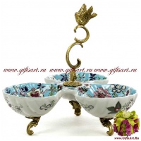 Менажница. Фарфор и бронза. Декор Бирюзовая поляна. Ручная работа. 22 см