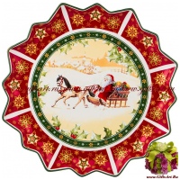Блюдо круглое фарфоровое  Дед Мороз на санях "Новогодняя коллекция" 38 см Подарочная упаковка 634685