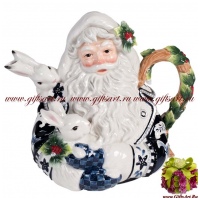 Чайник новогодний Дед Мороз с зайчиками. Серия Арктика. Керамика. Длина 23 см