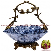 Ваза конфетница. Фарфор и бронза. Декор Голубая лагуна. Ручная работа. Высота 25 см