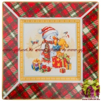 Блюдо фарфоровое квадратное Зайка и снеговик 22 х 22 см 885158