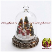 Новогодняя композиция под стеклом Семья Снеговиков у ёлки Подсветка. Подарочная упаковка. Высота 24 см.