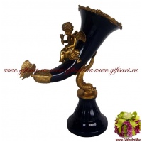 Ваза Рог изобилия. Фарфор и бронза. Ангел, бабочка и чудо-юдо рыба кит. Декор Магия ночи. Ручная работа. 32 см