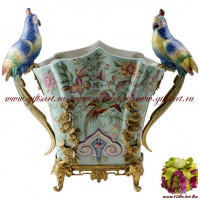 Ваза Пара попугаев. Фарфор и бронза. Декор Феникс в райском саду. Ручная работа. Длина 48 см