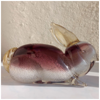 Кролик лиловый с золотом и стразами. Муранское стекло. Символ 2023 года. Италия. Длина 16 см