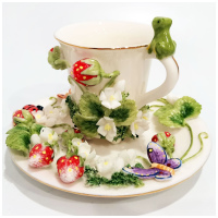 Кофейная пара фарфоровая Июль Земляничная поляна. Ручная работа авторская. Virgin Porcelain. Италия. 80 мл.