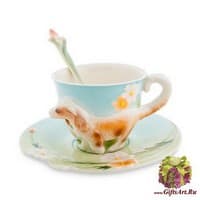 Чайная пара Весёлый спаниель. Фарфор Ручная работа. Подарочная упаковка