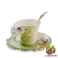Чайная пара Слонёнок с мамой. Фарфор Ручная работа. Подарочная упаковка