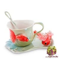 Кофейная пара Золотые рыбки. Фарфор Ручная работа. Подарочная упаковка