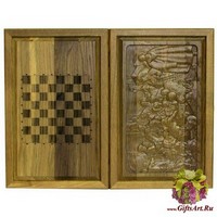 Резные объемные нарды+шашки дорожного размера из массива мореного дуба &quot;Запорожцы пишут письмо турецкому султану&quot;