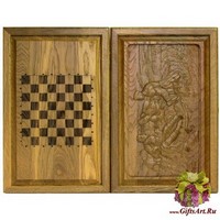 Резные объемные нарды+шашки дорожного размера из массива мореного дуба &quot;Охотники на привале&quot;