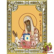 Икона освященная &quot;Алексий, митрополит Московский и всея Руси ,чудотворец,святитель(Алексей)&quot;, дерево, серебро 925, 18x24 см, со стразами