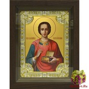 Икона освященная &quot;Пантелеймон великомученик и целитель&quot;, 18x24 см, со стразами, в деревянном киоте 24x30 см, 24x30 см