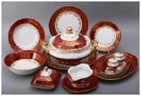 Столовый фарфоровый сервиз Золотой узор на красном на 6 персон 27 предметов. Германия Bavarian Porcelain