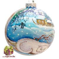 Ёлочная игрушка из стекла Ручная художественная роспись &quot;Зимняя деревня&quot; Высота 10 см Подарочная упаковка
