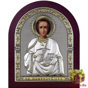 Икона освященная &quot;Пантелеймон целитель&quot;, дерево, посеребрение 925, 22.1x26.8 см