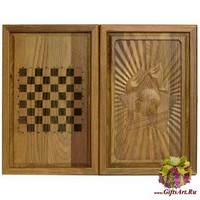 Резные объемные нарды+шашки дорожного размера из массива мореного дуба &quot;Всегда готов!&quot;