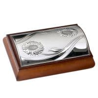 Шкатулка деревянная для драгоценностей с посеребренными накладками. Длина 23 см Италия