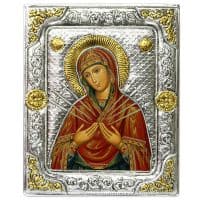 Икона Божьей Матери Семистрельная в серебряном окладе Размер 26 х 19 см.