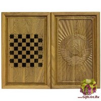Резные объемные нарды+шашки дорожного размера из массива мореного дуба &quot;Герб СССР&quot;