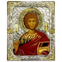 Икона Святой Великомученик и целитель Пантелеимон в серебряном окладе Размер 15 х 12 см.